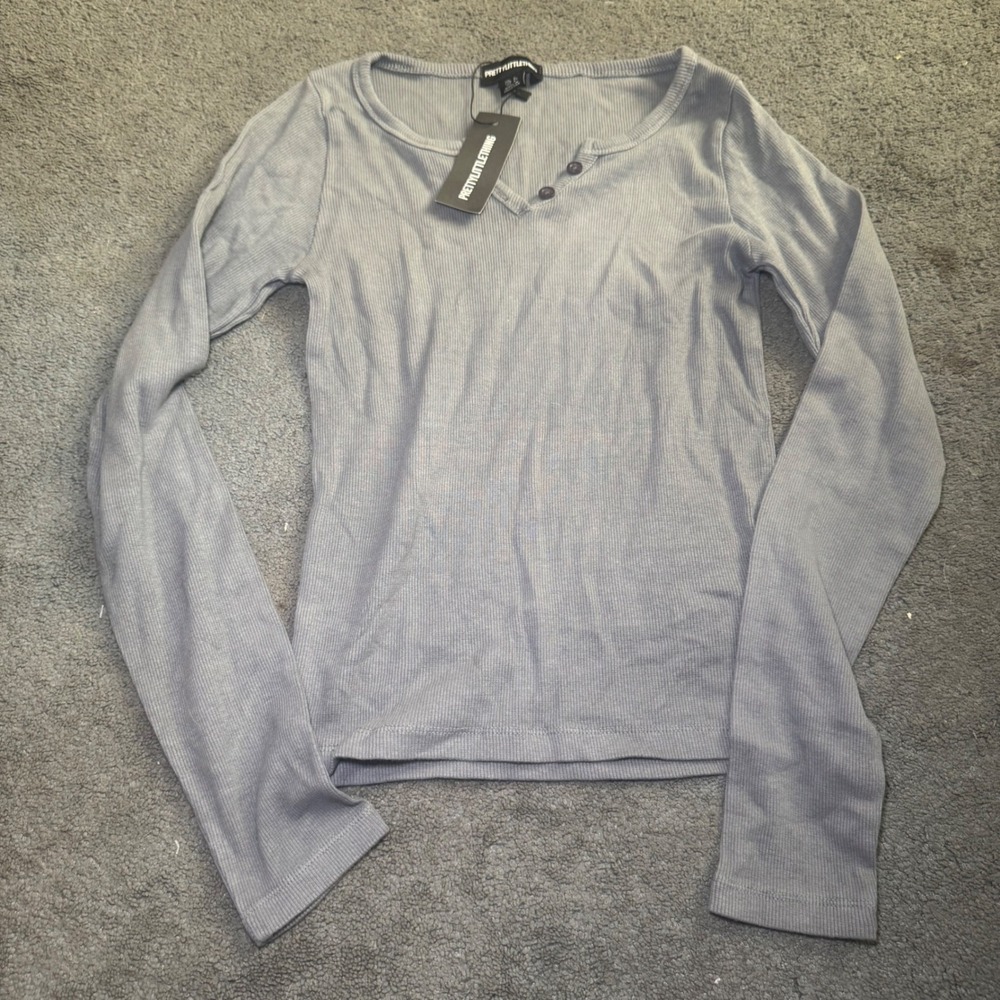 PrettyLittleThing Grey Ribbed Henley Long Sleeve Top Size 4 NWT